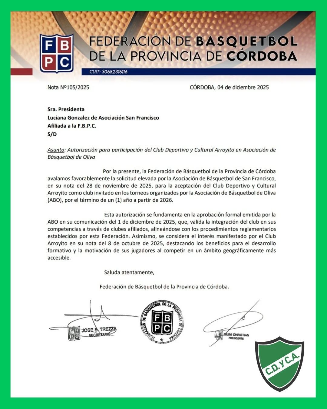 Carta autorización de la ABO al Cultural Arroyito