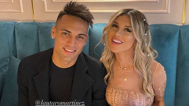 Lautaro Martínez y Agustina Gandolfo en la inauguració del nuevo emprendimiento en Italia.