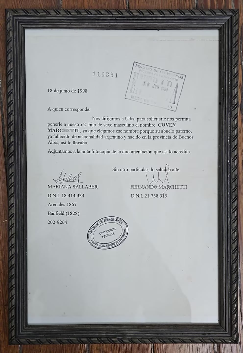 Nombre único en Argentina.