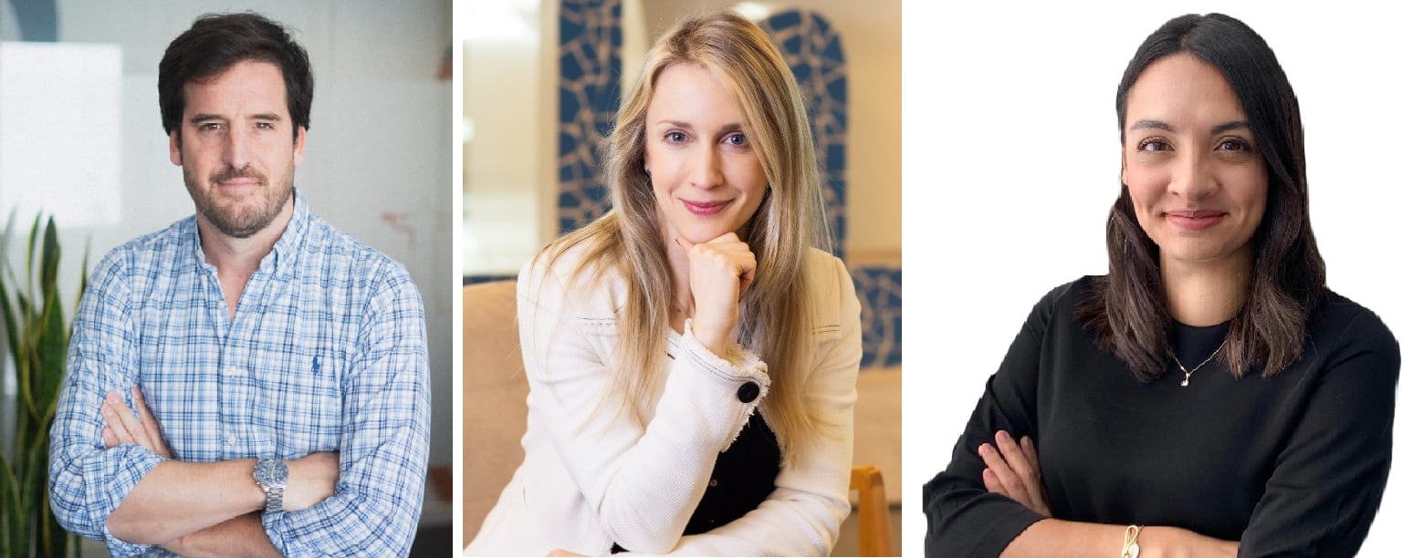 Francisco Scasserra, Pauline do Valle y Montserrat Soto, especialistas que participarán en el webinar gratuito sobre búsqueda de empleo, este miércoles.