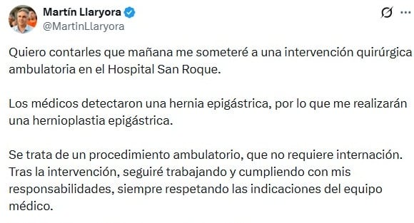 El mensaje de Martín Llaryora en X.