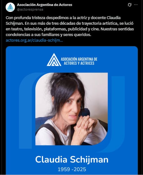 El comunicado de actrices argentinas sobre la muerte de Claudia Schijman