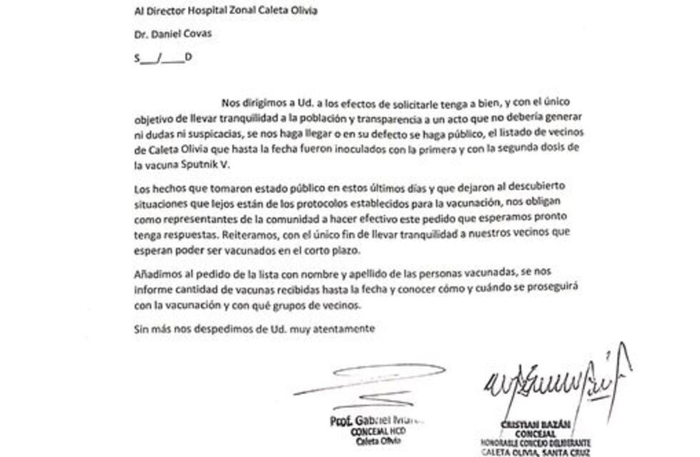 Concejales de la oposición piden al Hospital Zonal la lista de personas ya vacunadas