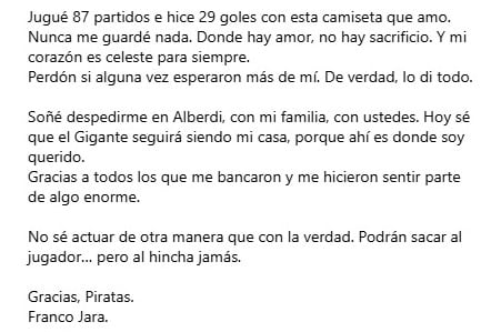 El texto completo de Franco Jara, quien se va de Belgrano.