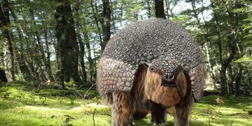 Impresión artística de un gliptodonte en su entorno natural. Eloy Manzanero.jpg