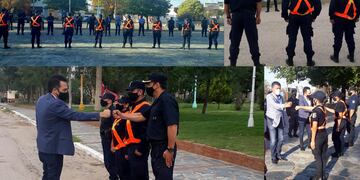 Los nuevos efectivos que prestarán servicio en Fraga y Justo Daract fueron puestos en función por el ministro de Seguridad local, Luciano Anastasi. / Gentileza ANSL