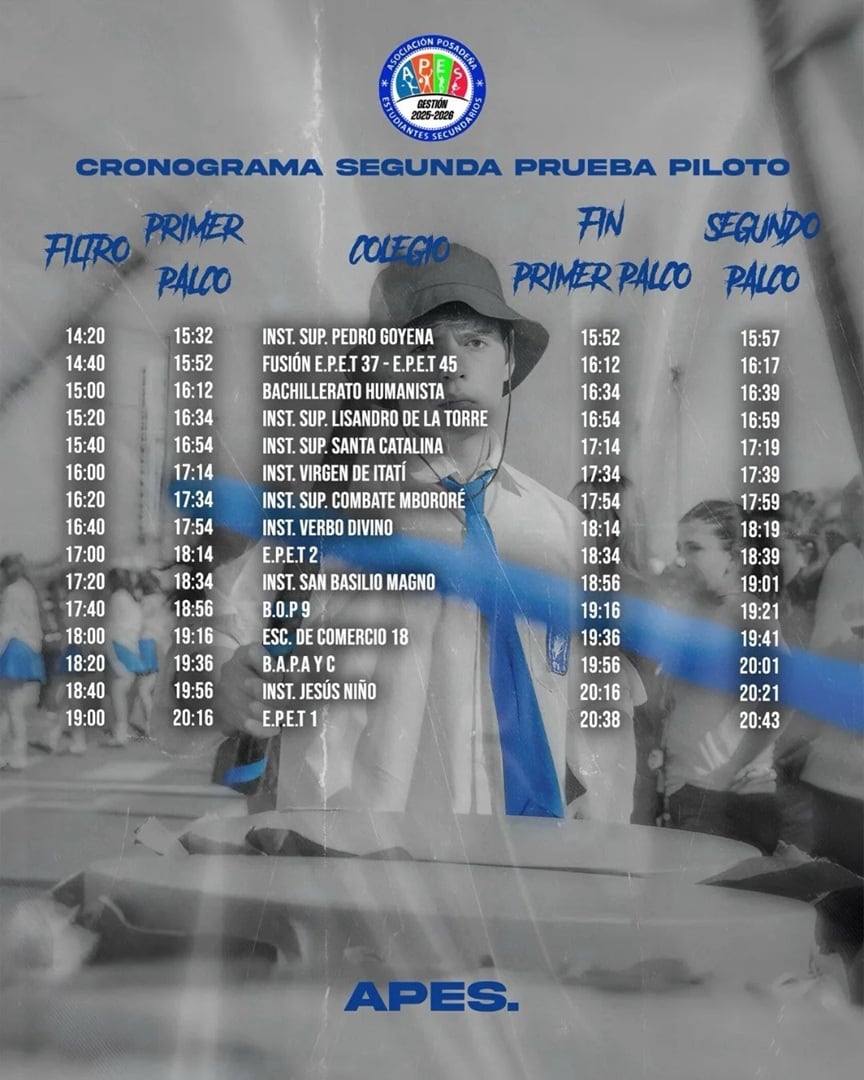 Cronograma de la segunda prueba piloto de la Estudiantina de Posadas.