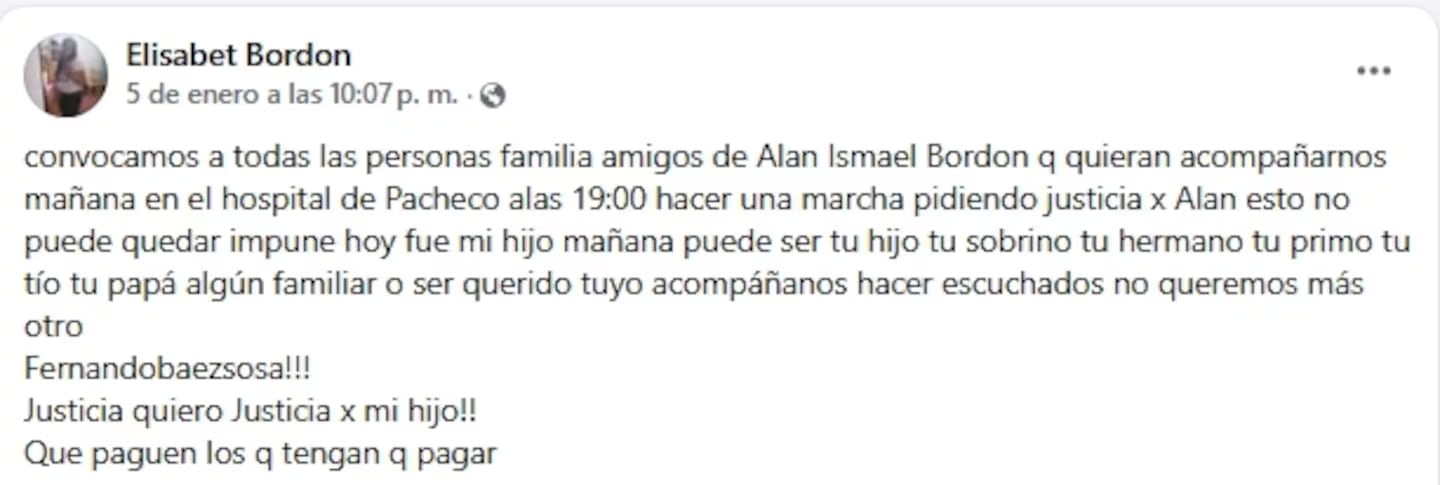 Ataque a Alan Ismael Bordón. El mensaje de la madre (Foto: Captura Facebook)
