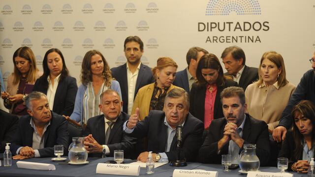 Cornejo, Juez, Negri, Ritondo y Reyes durante la conferencia de prensa en el Salón Delia Parodi (Foto: Federico López Claro)