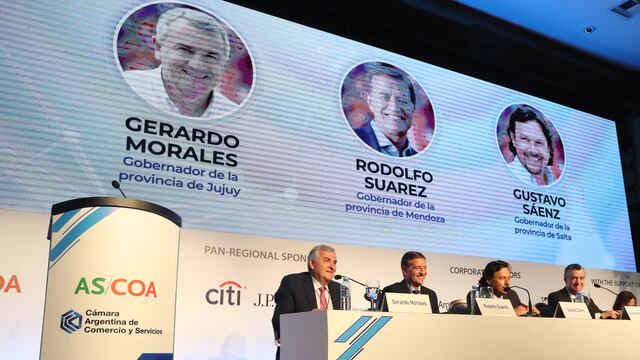 El gobernador de Jujuy Gerardo Morales en el panel del Consejo de las Américas, junto a sus pares de Salta, Gustavo Sáenz; y de Mendoza, Rodolfo Suárez.
