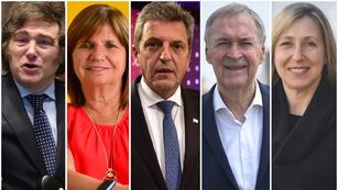 Elecciones 2023: los cinco candidatos a presidente que competirán en las generales: Javier Milei, Patricia Bullrich, Sergio Massa, Juan Schiaretti y Myriam Bregman. (La Voz)