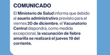 El Ministerio de Salud de la provincia informa a la comunidad que el Vacunatorio Central permanecerá cerrado el viernes 20 de diciembre, con motivo del asueto administrativo por el Día del Empleado Público.