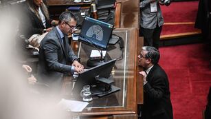 El presidente de la Cámara de Diputados, Martín Menem, y el jefe del bloque Unión por la Patria, Germán Martínez (Gentileza Clarín)