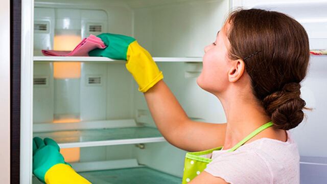 Mujer limpiando su heladera.