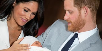 Britain's Prince Harry and Meghan, Duchess of Sussex, during a photocall with their newborn son, in St George's Hall at Windsor Castle, Windsor, south England, Wednesday May 8, 2019\u002E Baby Sussex was born Monday at 5:26 a\u002Em\u002E (0426 GMT; 12:26 a\u002Em\u002E EDT) at an as-yet-undisclosed location\u002E An overjoyed Harry said he and Meghan are \
