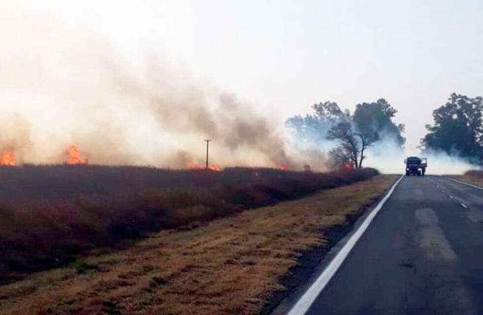 Bomberos cordobeses y pampeanos combatieron un incendio en la Ruta Nacional N° 35