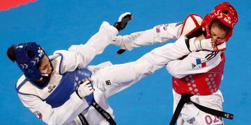 XVIII Pan American Games - Lima 2019 - Taekwondo - Callao Sports Center, Lima, Peru - July 28, 2019\u002E Fernanda Aguirre of Chile competes with Carolena Carstens of Panama during their Women's Under 57kg Bronze Medal match\u002E REUTERS/Susana Vera TPX IMAGES OF THE DAY