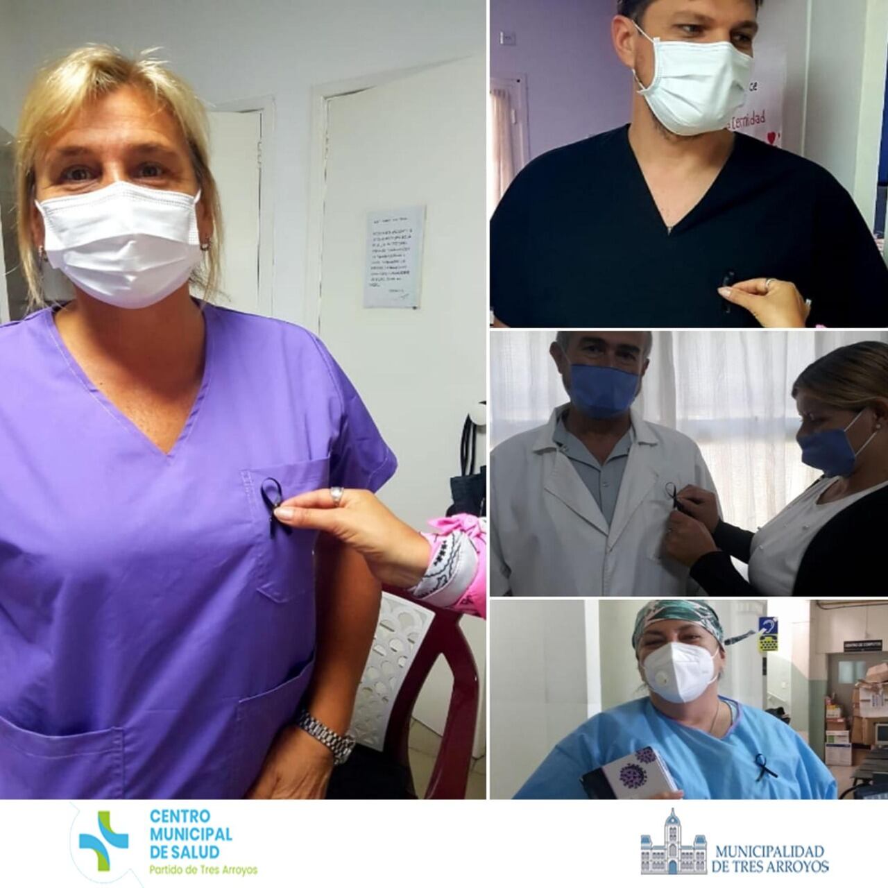 En Conmemoración al día del médico y en homenaje a los fallecidos por Covid -19, en el ingreso del Centro Municipal de Salud se entregan lazos negros al personal