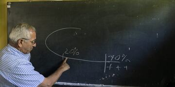 The director of the jockey's school, Hector Libre, teaches students about the places where horses typically get hurt during a race, in a classroom before practice on a mechanical horse at the San Isidro Jockey Club on the outskirts of Buenos Aires on Dece