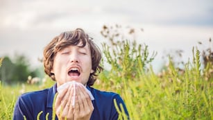 Young man sneezes because of an allergy to ragweed\u002E
