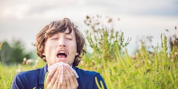 Young man sneezes because of an allergy to ragweed\u002E