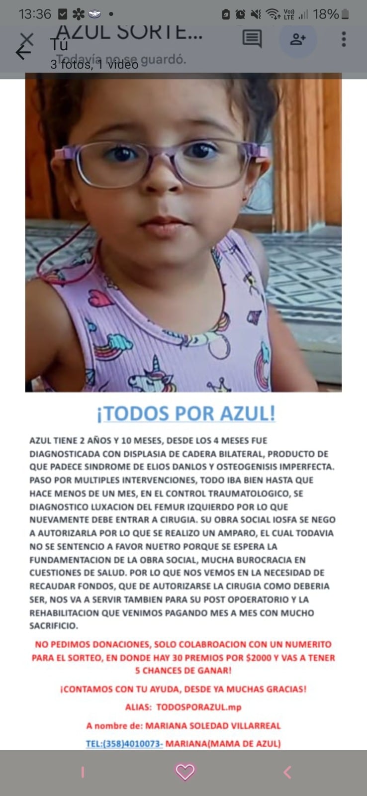 Azul fue diagnosticada con displasia de cadera bilateral, producto del síndrome de Ehlers-Danlos y osteogénesis imperfecta.