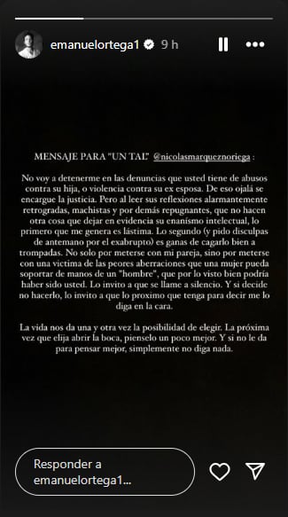 El enojo de Emanuel Ortega con en mensaje en X contra Julieta Prandi