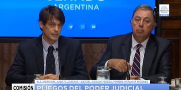Alejandro Gallandat junto al presidente de la Comisión de Acuerdos del Senado, Rodolfo Urtubey\u002E (Captura de Senado TV)