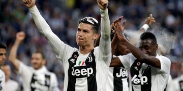FILE - In this April 20, 2019 file picture, Juventus' Cristiano Ronaldo celebrates at the end of a Serie A soccer match between Juventus and AC Fiorentina, at the Allianz stadium in Turin, Italy\u002E The Italian minister of sport Vincenzo Spadafora announced Thursday, May 28, 2020 that the Serie A will restart on June 20, to conclude the championship after the coronavirus stop\u002E (AP Photo/Luca Bruno)