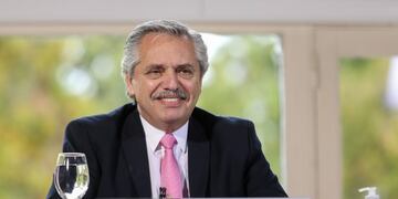 Handout picture released by Argentina's Presidency showing Argentine President Alberto Fernandez gesturing during the announcement of an infraestructure works plan for six southern provinces for an amount of 2,200 million pesos at the Olivos Presidential residence in Olivos, Buenos Aires on July 7, 2020 amid the outbreak of the new coronavirus, COVID-19\u002E (Photo by Handout / Argentinian Presidency / AFP) / RESTRICTED TO EDITORIAL USE - MANDATORY CREDIT \