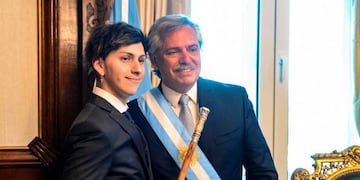 Handout picture released by the Argentine Presidency showing Argentina's new president Alberto Fernandez (R) posing with his son Estanislao Fernandez at Casa Rosada presidential palace, after his inauguration ceremony at the Congress in Buenos Aires on December 10, 2019\u002E (Photo by HO / Argentinian Presidency / AFP) / RESTRICTED TO EDITORIAL USE - MANDATORY CREDIT \