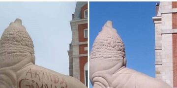 Concluyó la restauración del Lobo de la Rambla que había sido vandalizado por un hincha de Gimnasia (Foto: Prensa MGP)