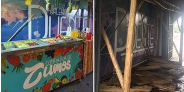 El antes y el después tras el incendio en el ingreso a la Galería del Puente Uruguay\u002E