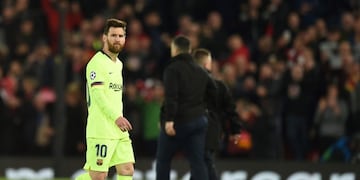 Barcelona's Argentinian striker Lionel Messi reacts after losing the UEFA Champions league semi-final second leg football match between Liverpool and Barcelona at Anfield in Liverpool, north west England on May 7, 2019\u002E (Photo by Oli SCARFF / AFP)