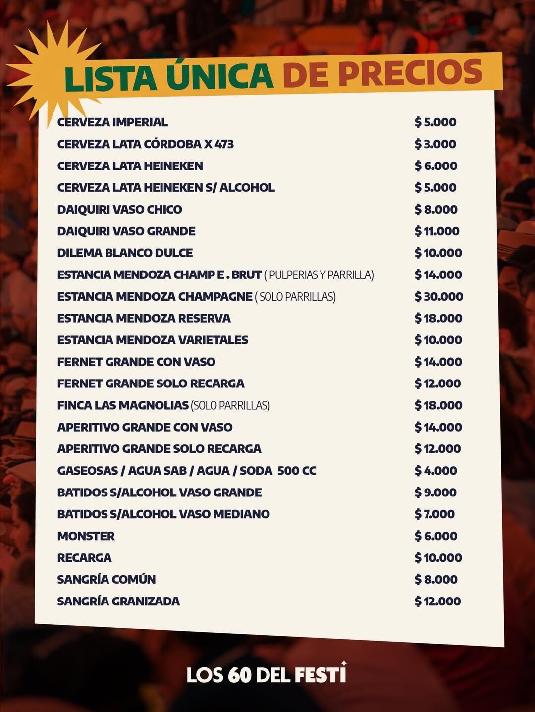 Los precios de la bebida en el Festival de Jesús María 2026.