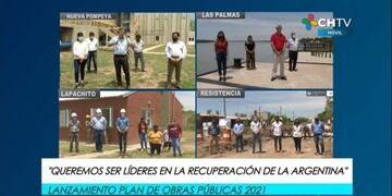 Capitanich presentando en simultáneo con distintas localidades del Chaco el Plan de Obras Públicas 2021\u002E (Foto: Gentileza Chaco TV)