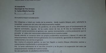 Carta del Frente de Todos solicitando la suspensión del cobro del Estacionamiento Medido\u002E