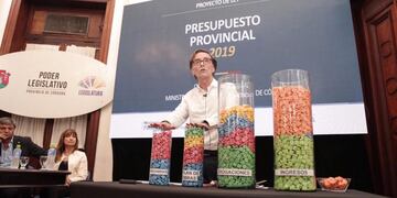 Osvaldo Giordano, presentación del presupuesto provincial con caramelos Sugus\u002E