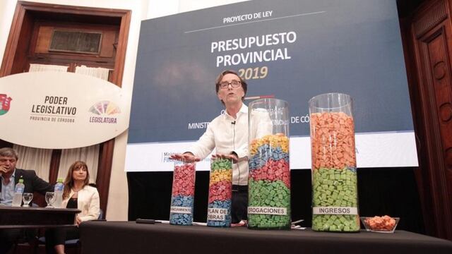 Osvaldo Giordano, presentación del presupuesto provincial con caramelos Sugus\u002E