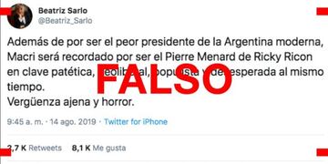 Es falso que Sarlo dijo en Twitter que Macri es el peor presidente de la Argentina moderna