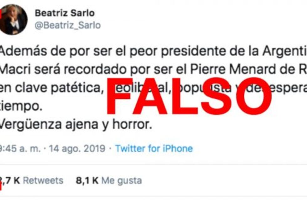Es falso que Sarlo dijo en Twitter que Macri es el peor presidente de la Argentina moderna