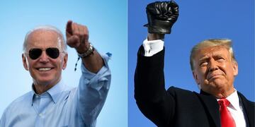 (FILES)(COMBO) This combination of pictures created on October 30, 2020 shows Democratic Presidential candidate and former US Vice President Joe Biden gestures prior to delivering remarks at a Drive-in event in Coconut Creek, Florida, on October 29, 2020 and US President Donald Trump pumps his fist as he arrives to a campaign rally at Green Bay Austin Straubel International Airport in Green Bay, Wisconsin on October 30, 2020\u002E - President Donald Trump and Democrat Joe Biden fought November 2, 2020 through the eve of an election threatened by legal chaos and fears of violence after Trump, down in the polls and with only hours to go, pushed hard to discredit the US voting process\u002EOn Tuesday, the world will witness a country more divided and angry than at any time since the Vietnam War era of the 1970s\u002E (Photos by JIM WATSON and MANDEL NGAN / AFP)