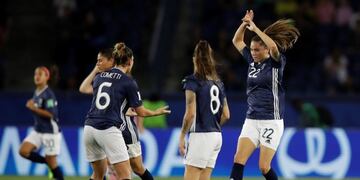 Argentina's Milagros Menendez, right, celebrates after scoring her side's first goal during the Women's World Cup Group D soccer match between Scotland and Argentina at Parc des Princes in Paris, France, Wednesday, June 19, 2019\u002E The match ended in a 3-3 draw\u002E (AP Photo/Alessandra Tarantino)