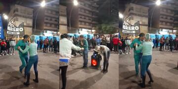La pareja que suele bailar en la peatonal brindó un gran show en medio del piquete.