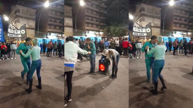 La pareja que suele bailar en la peatonal brindó un gran show en medio del piquete.