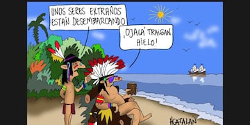 La llegada de los españoles, según el dibujante H Catalán, para el San Jerónimo Dei.