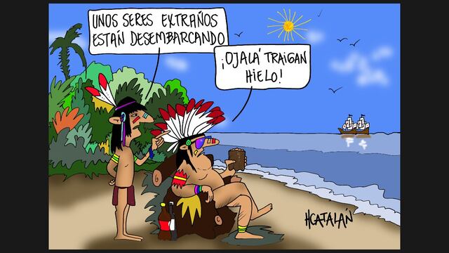 La llegada de los españoles, según el dibujante H Catalán, para el San Jerónimo Dei.