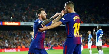 FC Barcelona's Lionel Messi, left, celebrates after scoring with his teammate Jordi Alba during the Spanish La Liga soccer match between FC Barcelona and Espanyol at the Camp Nou stadium in Barcelona, Spain, Saturday, Sept\u002E 9, 2017\u002E (AP Photo/Manu Fernandez)