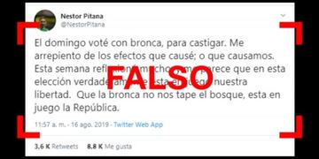 Es falso el tuit de Pitana en donde señala que votó con bronca contra el Gobierno