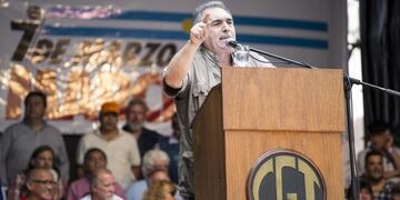 Juan Carlos Schmid, general secretary for the General Confederation of Labor (CGT), speaks during a labor unions protest against government reforms in Buenos Aires, Argentina, on Tuesday, March 7, 2017. Argentine workers took to the streets, throwing down